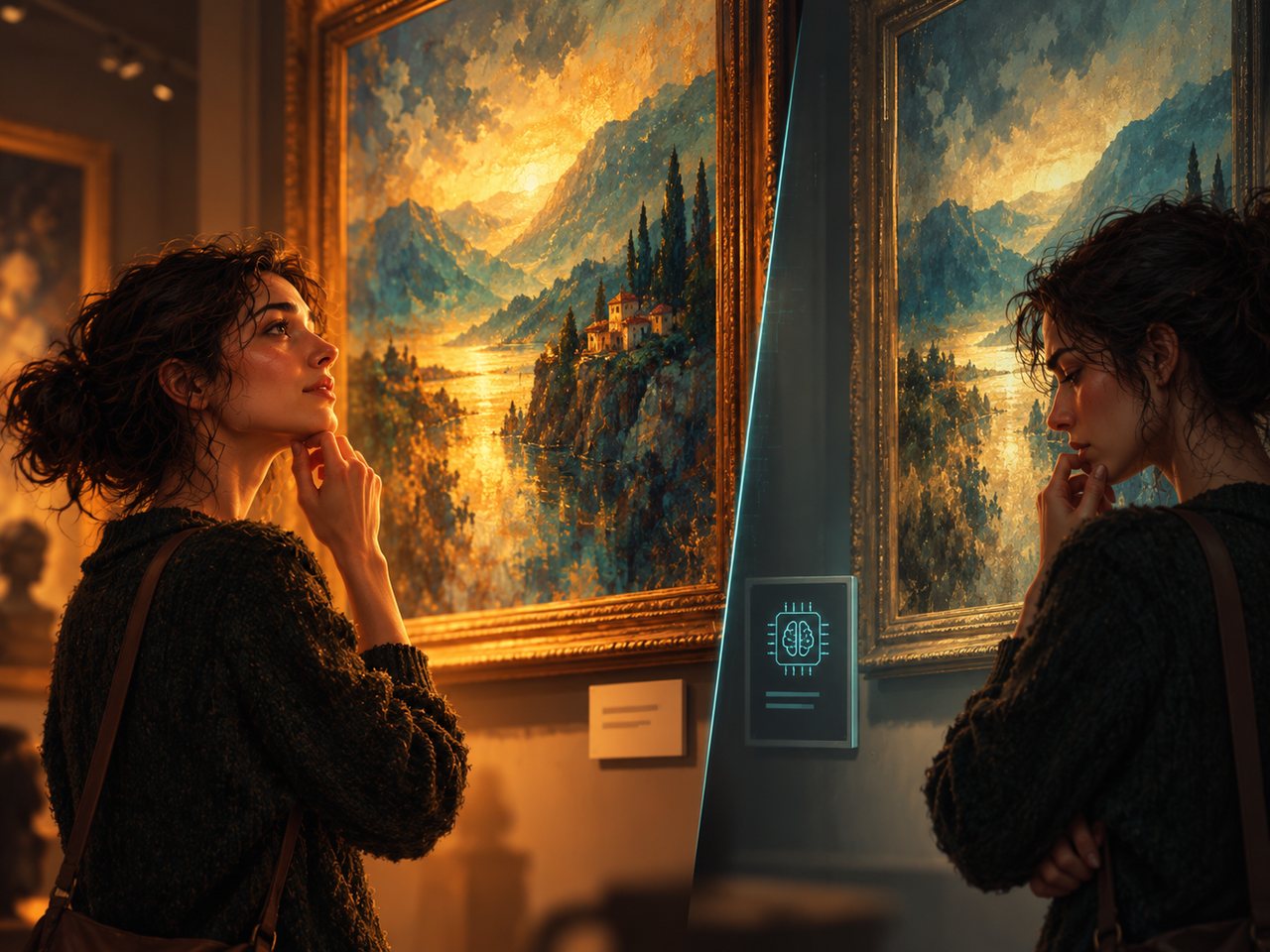 A woman in an art gallery studies a painting. In a split view, a small label beside it shows an AI symbol, and her expression changes.