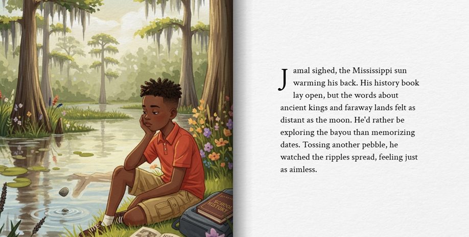 A Gemini Storybook spread: an illustration of a boy sitting by a bayou beside a history book, with text beginning “Jamal sighed, the Mississippi sun warming his back.”