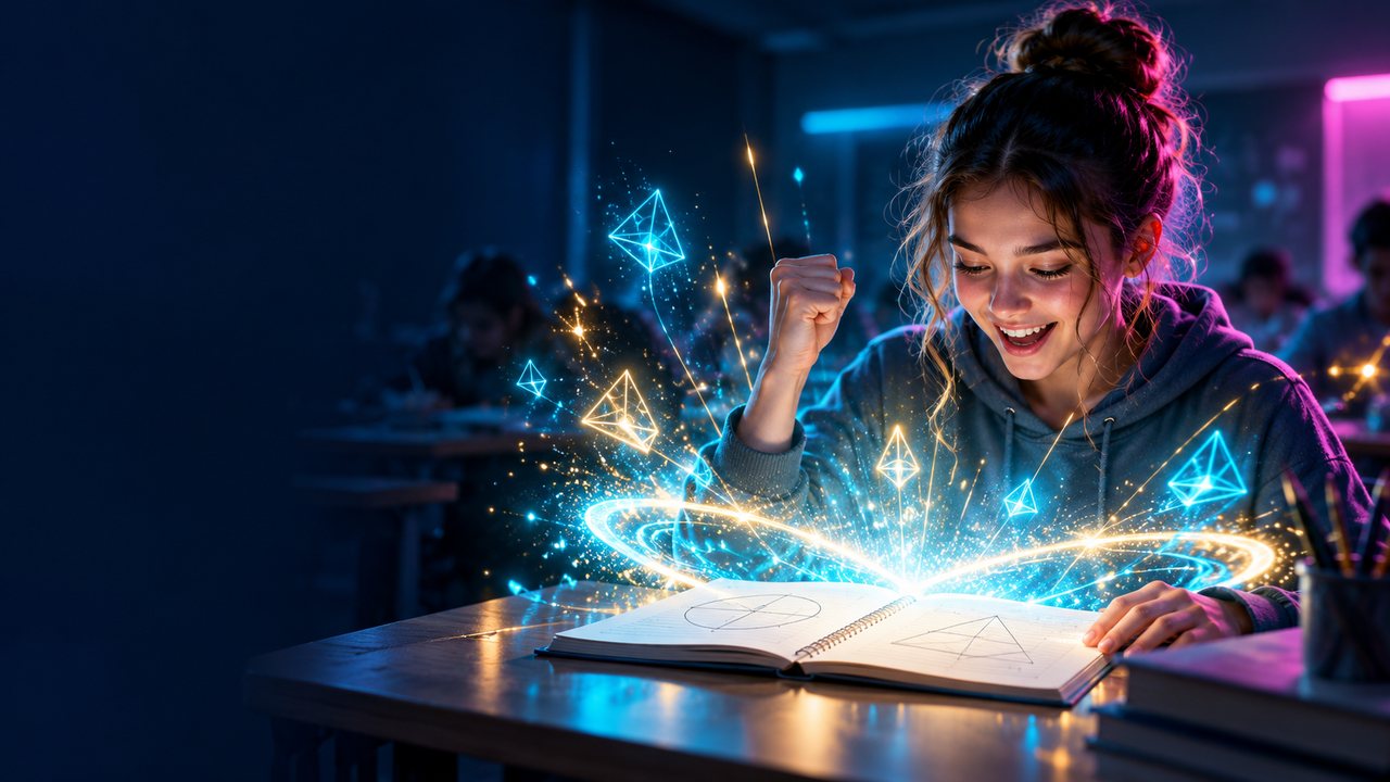 A student at a desk celebrates as glowing shapes burst from an open notebook