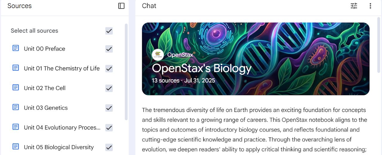 A NotebookLM notebook titled OpenStax's Biology with 13 sources, including the preface and units on the chemistry of life, the cell, genetics, evolutionary processes, and biological diversity.